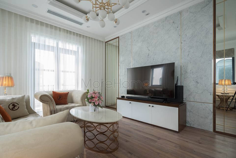 Thi công phòng khách biệt thự tân cổ điển với nhiều chất liệu đem lại sự phối kết hợp nội thất đầy tuyệt vời Mẫu nội thất biệt thự tân cổ điển đẹp