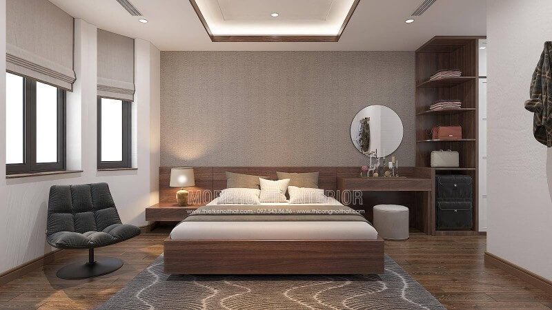 Bạn thích sự nhẹ nhàng trầm ấm, ban đang muốn trang trí mảng tường đầu giường cho mẫu bố trí nội thất phòng ngủ master của mình, bạn có thể lựa chọn giấy dán tường đơn sắc màu nâu như trong ý tưởng bố trí nội thất biệt thự tại Vinhomes Imperia Hải Phòng.